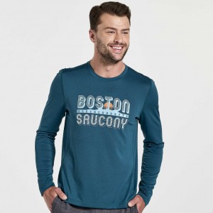 Saucony Stopwatch Graphic Long Sleeve Men's T-Shirt Blue | NZ WZUST