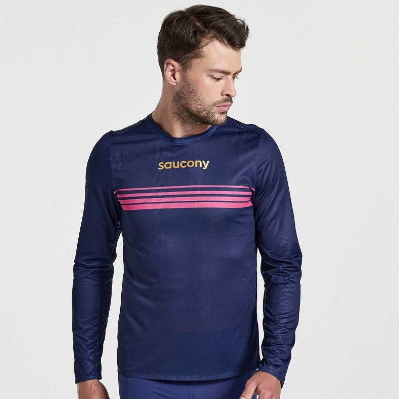 Saucony Elite Long Sleeve Men\'s T-Shirt Navy | NZ XGPLF