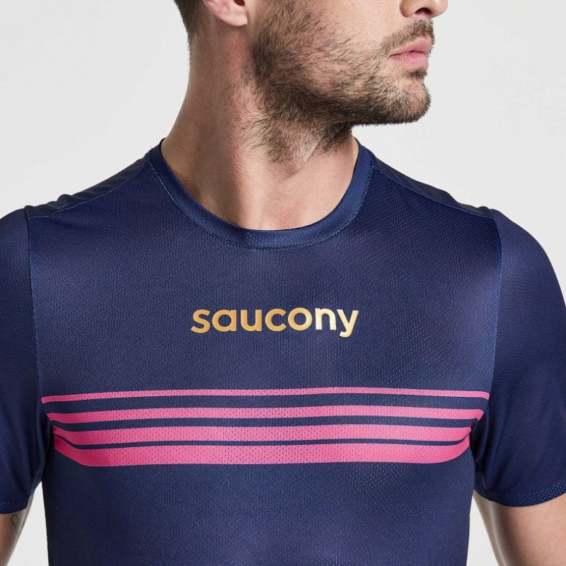 Saucony Elite Short Sleeve Men's T-Shirt Navy | NZ NJRXF